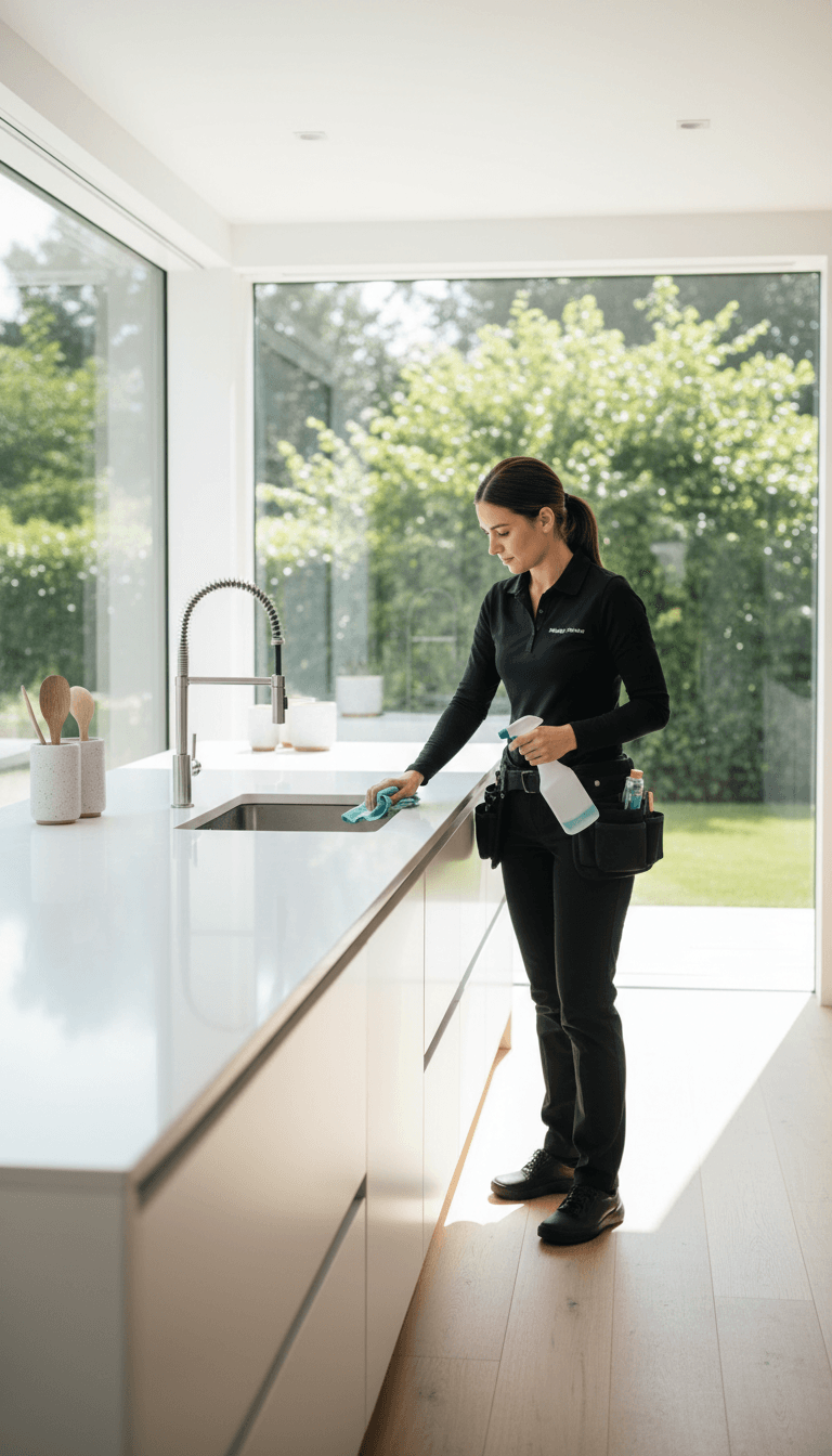 Professional cleaner in black uniform wiping a kitchen counter in a bright modern home