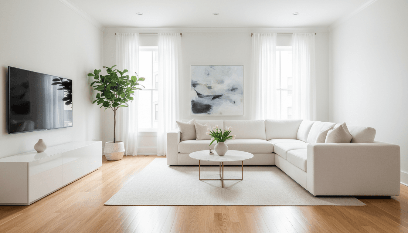 Bright and tidy living room with a white sofa and clean hardwood floors