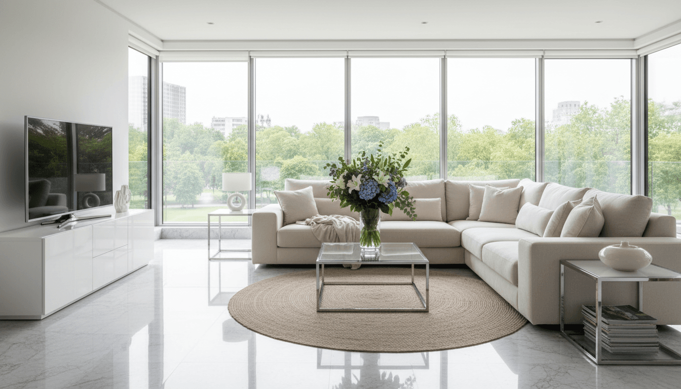 Spotless modern living room with natural light and polished surfaces.