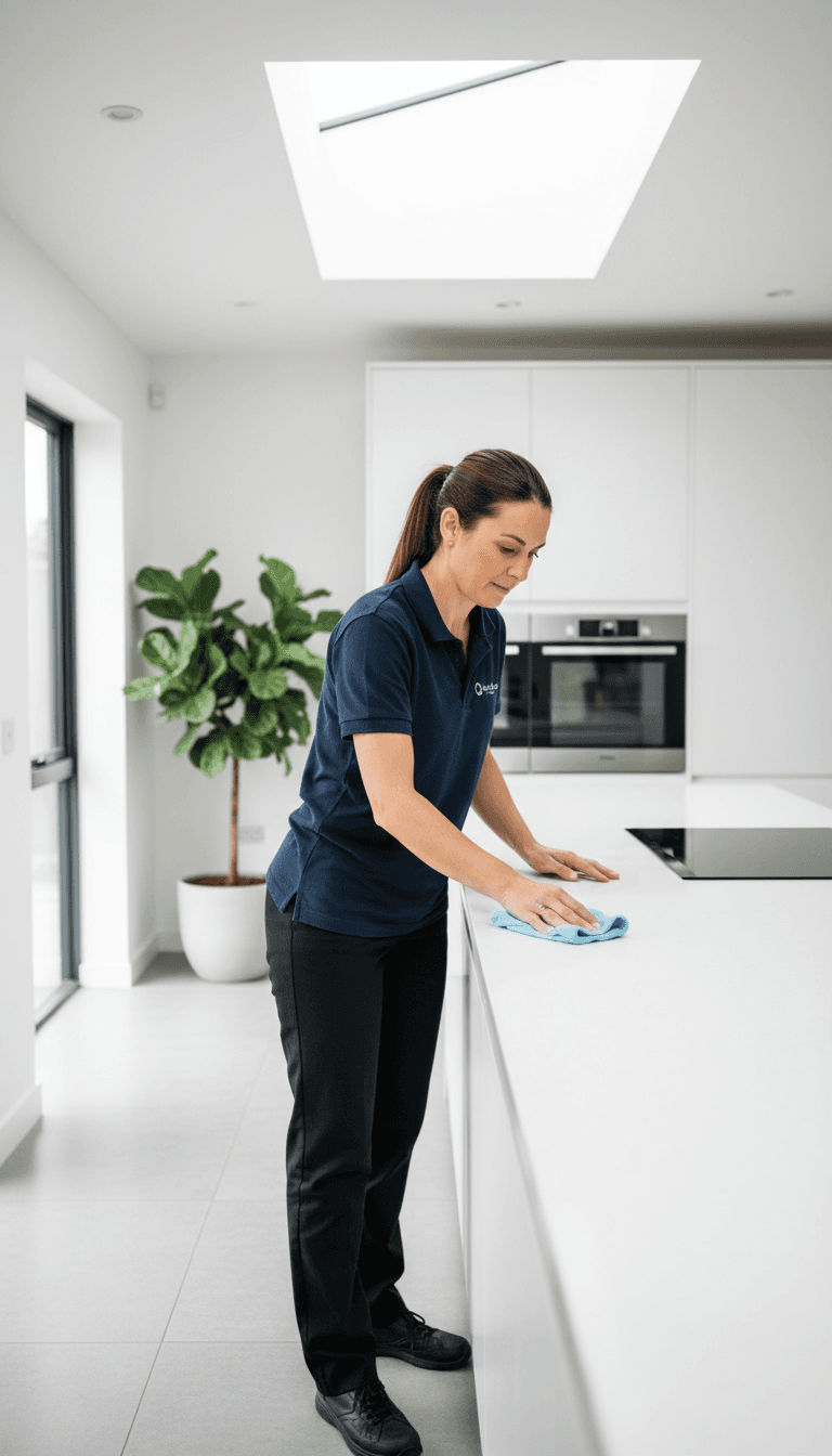 Professional cleaner wiping a kitchen counter in a bright modern home