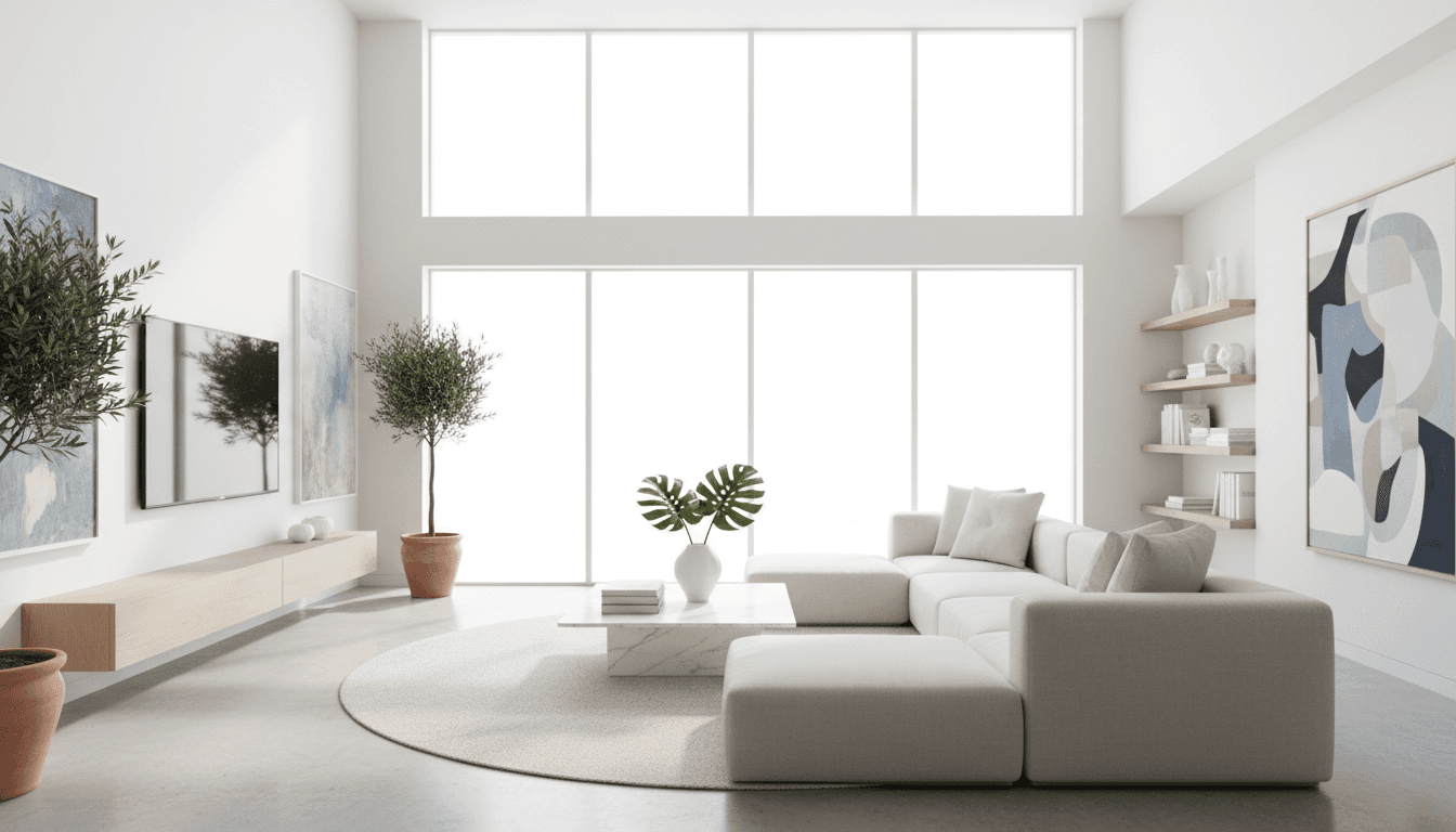 A bright, clean living room with fresh surfaces and natural light