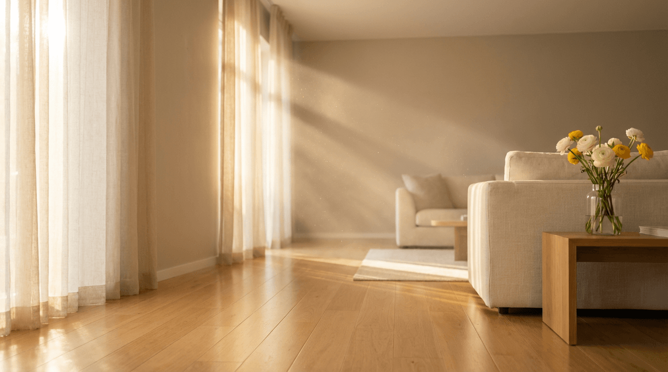 Bright living room with polished floors and neatly arranged furniture