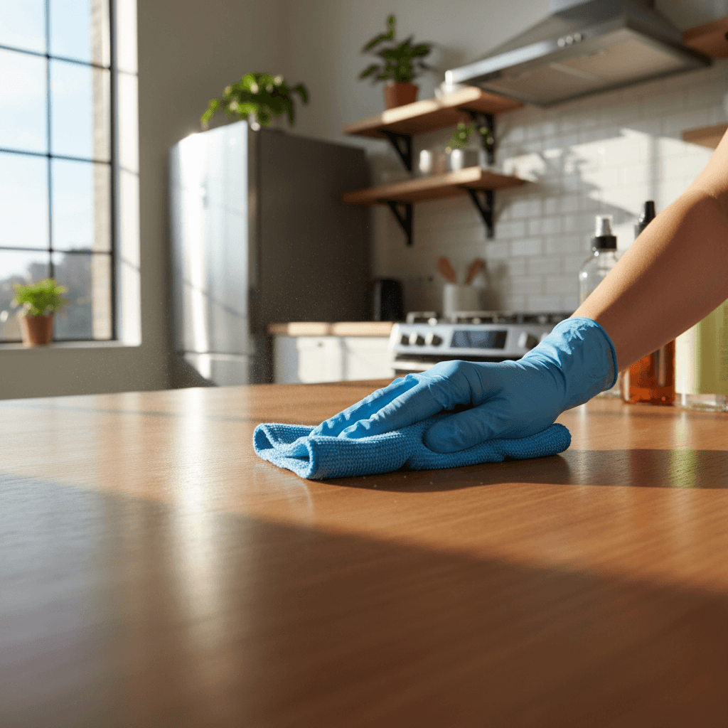 Professional cleaner wiping kitchen counter with spray bottle in bright modern home