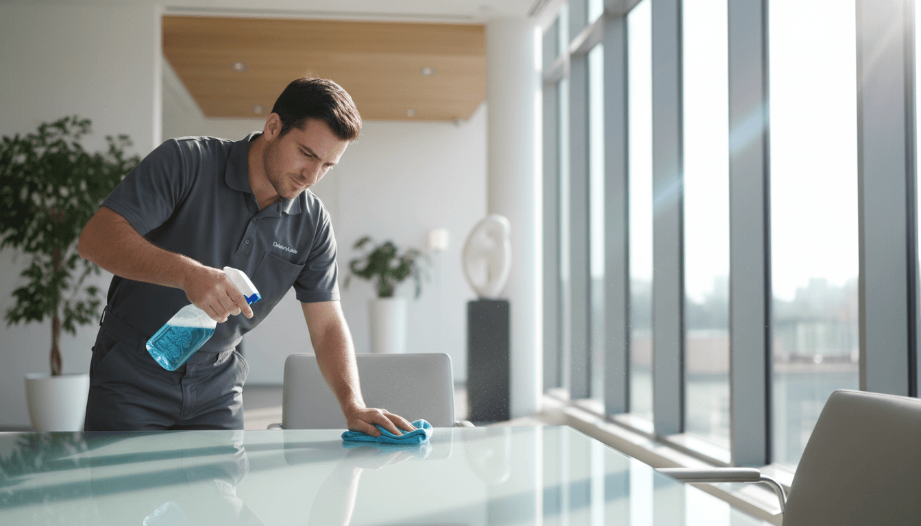 Cleaning professional wiping down desks in a bright modern office