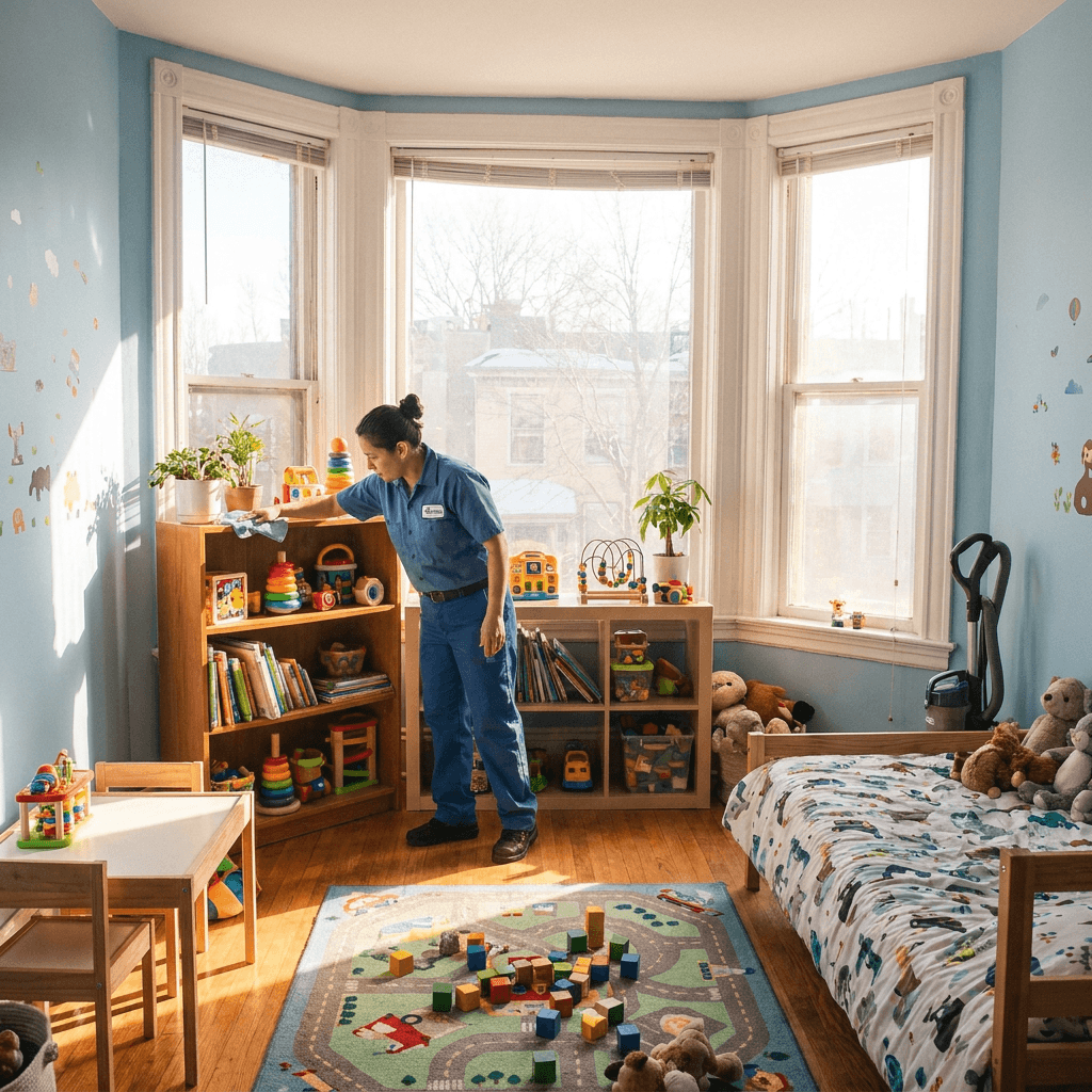 Busy mom relaxing while professional cleaner works in bright modern living room